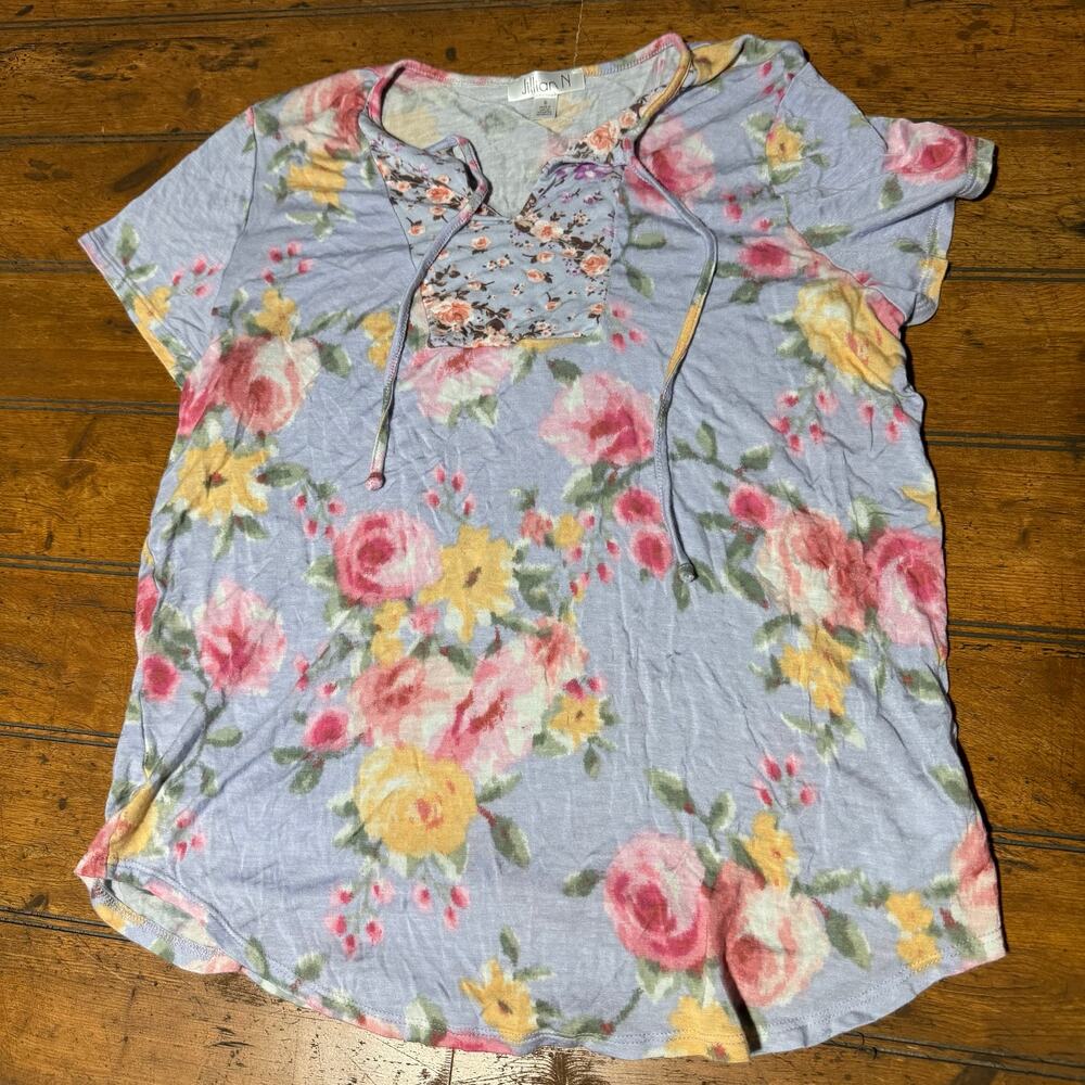 Jillian N Womens Floral‎ Print Short Sleeve Tie Neck Top Blue Pink Yellow Small